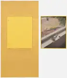 Sam Falls, Untitled (639 Santa Clara Ave, 90291, Potted Gerbers, Window/Wall), 2013, chromogenic print, in artist's frame, drywall, plywood and latex on aluminium, in 2 parts