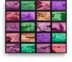 Susan Hiller, Rough Version, 2012, 20 archival colour dry prints, all contained in the original artist's specified black painted metal frames, with the original wooden cleat shelf