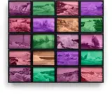 Susan Hiller, Rough Version, 2012, 20 archival colour dry prints, all contained in the original artist's specified black painted metal frames, with the original wooden cleat shelf