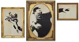Flower Thrower Triptych (Grey) by Banksy, 2019, Screenprinted triptych in colours, on recycled card, the full sheets, sold Jan 2025