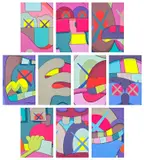 Kaws, UPS AND DOWNS, 2013, The complete set of ten screenprints in colours, on Saunders Waterford High White paper, the full sheets, with title page and the original black linen-covered portfolio box with printed artist's name