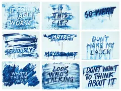 Mel Bochner, Exasperations (K.W. 2023.02-2023.10), 2023, The complete set of nine etching and aquatints in blue, on Somerset Velvet paper, the full sheets