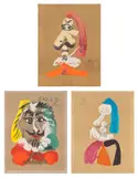 Pablo Picasso, Portraits imaginaire (Imaginary Portraits): three plates, 1969, Three offset lithographs in colours, on Arches paper, the full sheets loose (as issued), with colophon and the accompanying original beige corduroy-covered portfolio box