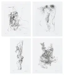 Hans Bellmer, Les Mystères du confessionnal (The Mysteries of the Confessional), 1973, The complete set of nine engravings, on Auvergne paper, with full margins, with title page, justification, and accompanying text, all contained in the original purple cloth-covered portfolio with gold printed artist's name