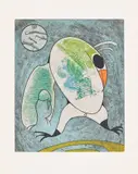 Max Ernst, Devant mon aile droite couve le morne militaire (In Front of my Right Wing Broods the Military Gloom), plate 5 from Oiseaux en péril (Birds in Danger), 1975, Etching and aquatint in colours, on Arches paper folded (as issued), the full sheet, with text by Dorothea Tanning on the reverse