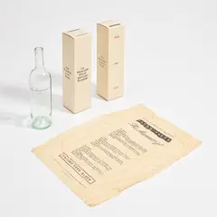 Le manuscrit trouvé dans une bouteille (The Manuscript Found in a Bottle) (V. 20) by Marcel Broodthaers, 1974, Multiple comprising Bordeaux transparent glass wine bottle, tissue paper and cardboard box, all with printed text. Accom, offered Jan 2025