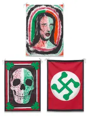 The Orange & Green; Emerald Eyehole; and Twisted Shamrock, from Pansy Metal/Clovered Hoof by Mike Kelley, 1989, Three screenprints in colours, on silk scarves, sold Jan 2025