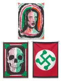 Mike Kelley, The Orange & Green; Emerald Eyehole; and Twisted Shamrock, from Pansy Metal/Clovered Hoof, 1989, Three screenprints in colours, on silk scarves