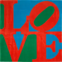 Classic Love by Robert Indiana, 1995, Skein dyed, hand carved and hand tufted archival New Zealand woollen rug, with natural latex backing, sold Jan 2025