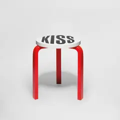Barbara Kruger, Untitled (Kiss), 2019, Artek Stool 60 in birch, birch plywood and laminate, designed by Alvar Aalto, in black, white and red, contained within the original card box