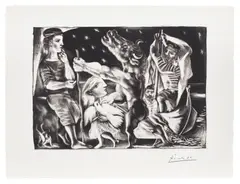 Pablo Picasso, Minotaure aveugle guidé par Marie-Thérèse au pigeon dans une nuit étoilée (Blind Minotaur Guided Through a Starry Night by Marie-Thérèse with a Dove), plate 97 from La Suite Vollard (Bl. 225, Ba. 437), 1934, Sugar-lift aquatint, scraper, drypoint and engraving, on laid Montval paper watermarked Vollard , with full margins