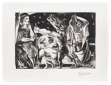 Pablo Picasso, Minotaure aveugle guidé par Marie-Thérèse au pigeon dans une nuit étoilée (Blind Minotaur Guided Through a Starry Night by Marie-Thérèse with a Dove), plate 97 from La Suite Vollard (Bl. 225, Ba. 437), 1934, Sugar-lift aquatint, scraper, drypoint and engraving, on laid Montval paper watermarked Vollard , with full margins
