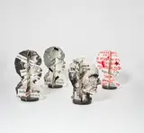 William Kentridge, Four Paper Heads, 2007, The complete series of four card sculptures with lithograph, letterpress, scanned book pages, chine-collé and hand-colouring in red pencil and watercolour, each with a wooden base