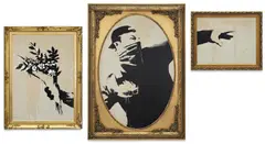 Banksy, Flower Thrower Triptych (Grey), 2019, Screenprinted triptych in colours, on recycled card, the full sheets