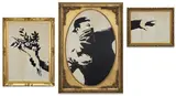 Banksy, Flower Thrower Triptych (Grey), 2019, Screenprinted triptych in colours, on recycled card, the full sheets