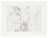 Pablo Picasso, Maison close, Degas avec son album, Célestine, trois filles, et un pouf Marocain (Brothel, Degas with his Album, Célestine, Three Ladies, and a Moroccan Pouf), plate 87 from Série 156 (Bl. 1942, Ba. 1951), 1971, Etching, on BFK Rives paper, with full margins