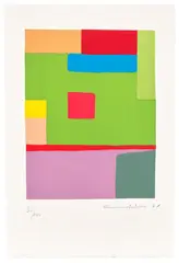 Etel Adnan, Fil du temps (Thread of Time), 2021, Etching and aquatint in colours, on Arches paper, with full margins, the sheet loose (as issued), with the accompanying book entitled Fil du temps , all contained in the original orange clamshell box with printed artist's name and title
