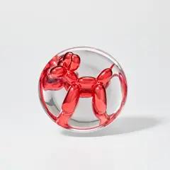 Balloon Dog (Red) by Jeff Koons, 1995, Porcelain multiple painted in chrome, with original plastic stand, sold Jun 2025