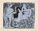 Pablo Picasso, Deux femmes avec un vase à fleurs (Two Women with a Vase of Flowers) (Bl. 915, Ba. 1239), 1959, Linocut in colours, on Arches paper, with full margins