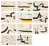 Joan Miró, Le marteau sans maître (The Hammer Without a Master) (D. 944; 945; 948; 950; 952; 956; 960; 966-969, see C. Bks. 216), 1976, 11 etching and aquatints in colours (the eight double page prints from the set of 23 and the three additional prints accompanying the deluxe edition), on Japon nacré paper, the full sheets loose (as issued), all contained in the original grey card portfolio with black printed title