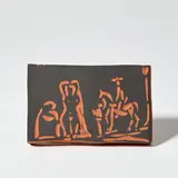 Pablo Picasso, Personnages et cavalier (Figures and Horseman) (A.R. 540), 1968, Red earthenware rectangular plaque painted in black and engraved