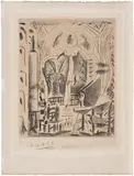 Pablo Picasso, L’atelier de Cannes (The Studio in Cannes) (Bl. 778, M. 267), 1955, Lithograph in black and yellow ochre, on Arches paper, with full margins