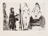 Pablo Picasso, Peintre barbu en robe de chambre, avec deux femmes nues et un visuteur (Bearded Painter in a Robe, with Two Nude Women and a Visitor), plate 235 from Série 347 (Bl. 1715, Ba. 1732), 1968, Aquatint, on BFK Rives paper, with full margins