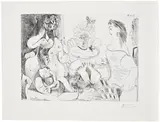 Pablo Picasso, La fête de la patronne, avec un petit chien, Degas au double regard (The Madam's Party, with a Lapdog, Degas with a Twofold Gaze), plate 116 from Série 156 (Bl. 1980, Ba. 1971), 1971, Etching, on BFK Rives paper, with full margins
