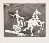 Pablo Picasso, Télévision: course de chars à l'antique I (Television: Ancient Chariot Race I), plate 34 from Série 347 (Bl. 1514, Ba. 1530), 1968, Aquatint, on BFK Rives paper, with full margins