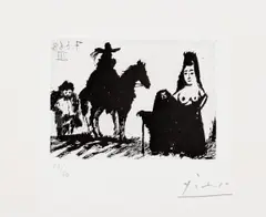 Cavalier et son valet, Célestine et Maja (Rider and his valet, Célestine and Maja), plate 145 from Série 347 (Bl. 1625, Ba. 1641) by Pablo Picasso, 1968, Aquatint, on BFK Rives paper, with full margins, sold Sep 2025