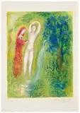 Marc Chagall, Daphnis et Chloé au bord de la fontaine (Daphnis and Chloé Beside the Fountain), from Daphnis et Chloé (M. 313, see C. Bks. 46), 1961, Lithograph in colours, on Arches paper, with full margins