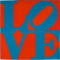 Classic Love by Robert Indiana, 1995, Skein dyed, hand carved and hand tufted archival New Zealand woollen rug, with natural latex backing, sold Sep 2025