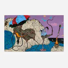 Simphiwe Ndzube, Untitled (Limbo Colony) (diptych), 2017, acrylic and duct tape on canvas