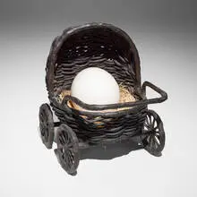 Liz Craft, Baby Carriage, 2008, bronze, porcelain, raffia