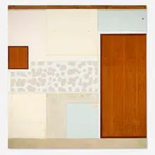 Clay Ketter, Lund Wall, B2, 2001, household enamel paint, sand paint, net wall covering, teak panel, gypsum wallboard, steel corner bead, wood
