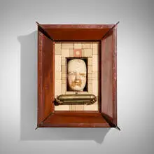 Delivery by Varujan Boghosian, mixed media construction on wood in artist's frame, sold Mar 2026