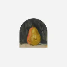 Robert Kulicke, Pear on Table Against a Black Background, Arched, oil on paper
