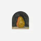 Robert Kulicke, Pear on Table Against a Black Background, Arched, oil on paper