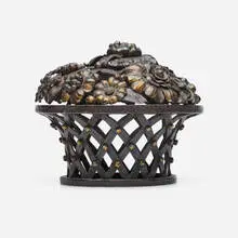 Edgar Brandt, Flower basket-form newel post cap, c. 1925, wrought iron parcel-gilt