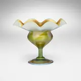 Ruffled pulled-feather compote by Tiffany Studios, c. 1904-06, hand-blown Favrile glass, sold Mar 2026