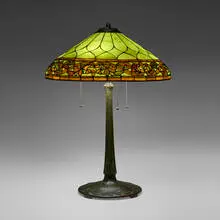 Amboy Works, Oak Leaf lamp shade with Reed & Barton base, leaded glass, patinated bronze