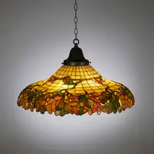 John Morgan & Sons, Oak Leaf & Acorn hanging lamp, c. 1905, leaded glass, patinated metal