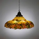 John Morgan & Sons, Oak Leaf & Acorn hanging lamp, c. 1905, leaded glass, patinated metal