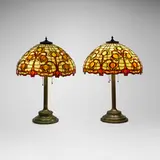 Pomegranate table lamps, pair by Unique Art Glass & Metal Company, c. 1905, leaded slag glass, patinated metal, sold Mar 2026
