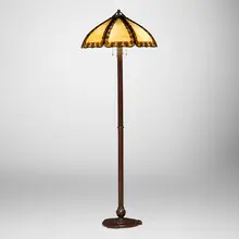 Handel, Teroca overlay floor lamp with floral vine motif, c. 1915, patinated metal, slag glass, painted glass