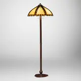 Handel, Teroca overlay floor lamp with floral vine motif, c. 1915, patinated metal, slag glass, painted glass