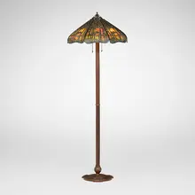 Teroca overlay scenic Sunset Palm tree floor lamp by Handel, c. 1910, patinated metal, slag glass, sold Mar 2026