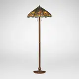 Handel, Teroca overlay scenic Sunset Palm tree floor lamp, c. 1910, patinated metal, slag glass