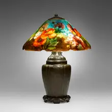 Handel, Rare Poppies table lamp, c. 1928, reverse-painted Chipped Ice glass, patinated metal