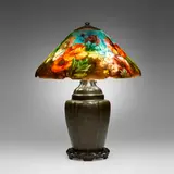 Handel, Rare Poppies table lamp, c. 1928, reverse-painted Chipped Ice glass, patinated metal